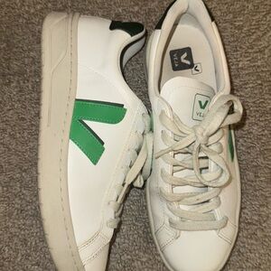 Veja Leather Sneakers in White with Green V